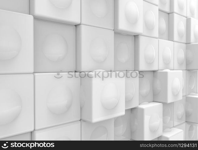 3d rendering. Perspective view of Abstarct white Sphere ball in square cube box pattern stack wall background.