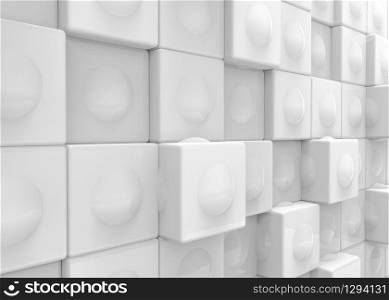 3d rendering. Perspective view of Abstarct white Sphere ball in square cube box pattern stack wall background.