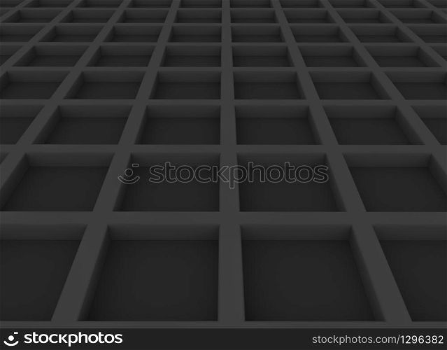 3d rendering. Perspective view of abstract black square grid box pattern wall background.