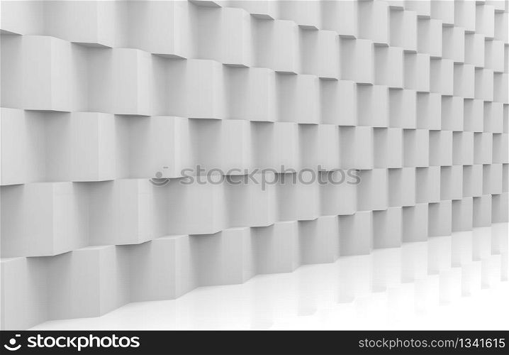 3d rendering. perspective view of abstract modern stack of random luxury white cube boxes wall design background.