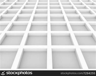 3d rendering. Perspective view of Abstract white square grid box wall background.