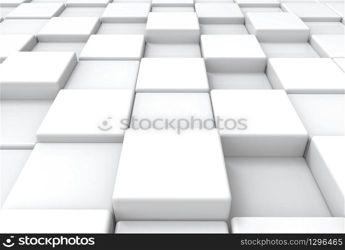 3d rendering. perspective view of abstract white square round cube boxes stack floor background.