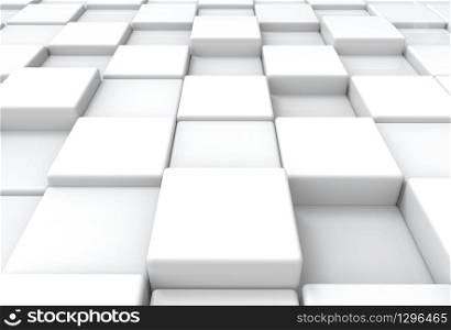 3d rendering. perspective view of abstract white square round cube boxes stack floor background.