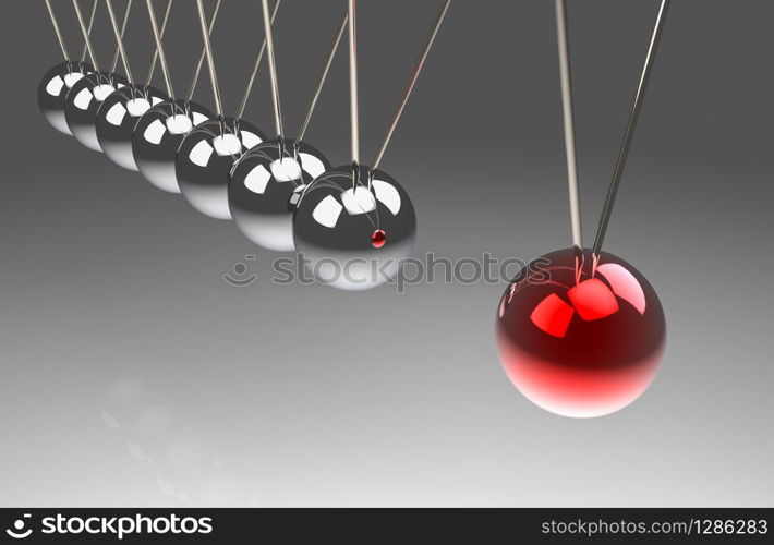 3d rendering. perspective view of before hitting of red ball to another pendulum group. One force effect to all concept.