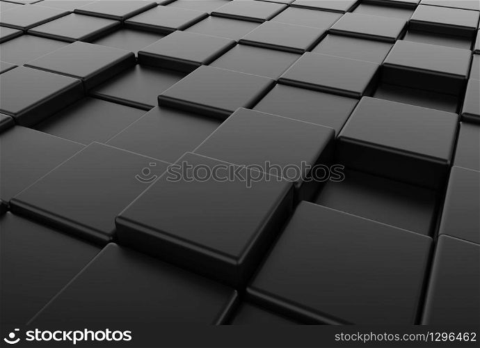 3d rendering. perspective view of black square round cube boxes stack floor background.