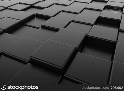 3d rendering. perspective view of black square round cube boxes stack floor background.