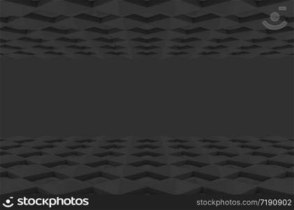 3d rendering. perspective view of dark square grid shape pattern design floor with black wall as background.