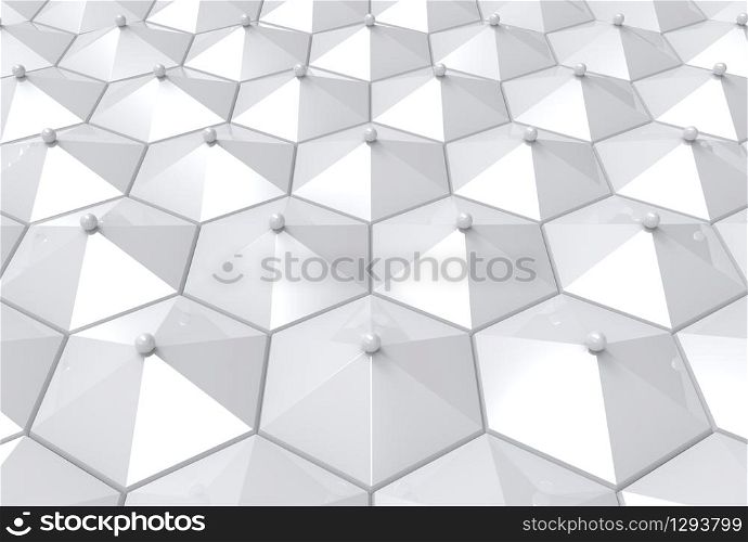 3d rendering. perspective view of gray hexagon with little sphere shape pattern floor background.