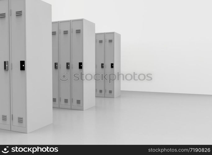 3d rendering. perspective view of gray metal Lockers row background.