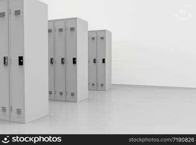 3d rendering. perspective view of gray metal Lockers row background.
