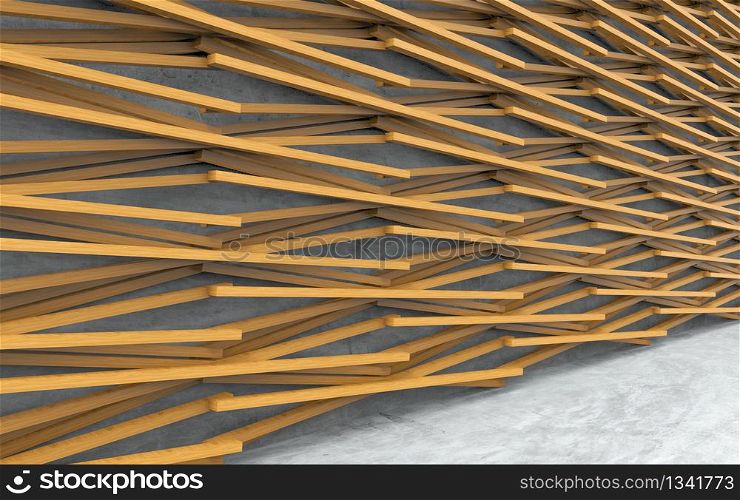 3d rendering. perspective view of modern crossing wood panel design pattern on cement wall background.