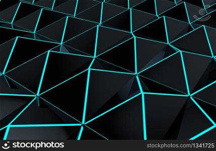 3d rendering. perspective view of modern futuristic dark triangle grid with blue beam light wall or floor design background.