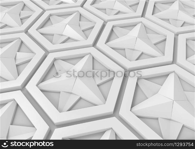 3d rendering. perspective view of modern white star hexagonal pattern background.