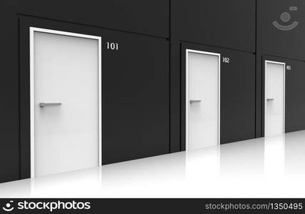 3d rendering.perspective view of residential white door rows on black cement wall background.