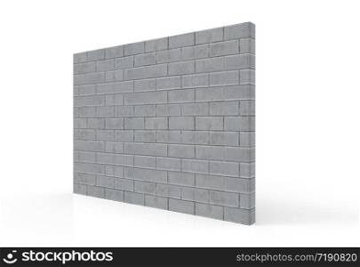 3d rendering. perspective view of textured cement brick stack wall with clipping path on gray background.