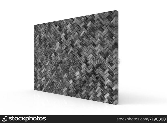 3d rendering. perspective view of textured dark bamboo weaving craft wall with clipping path on gray background.