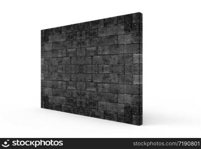 3d rendering. perspective view of textured dark brick block wall with clipping path on gray background.