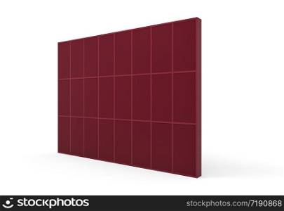 3d rendering. perspective view of textured dark red tone square shape design steel wall with clipping path on gray background.