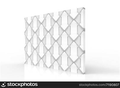 3d rendering. perspective view of textured white geometric grid pattern tile wall with clipping path on gray background.