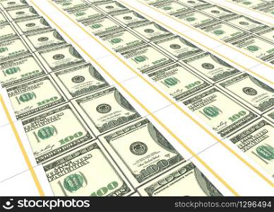3d rendering. perspective view of US hundred dollar stacks background.