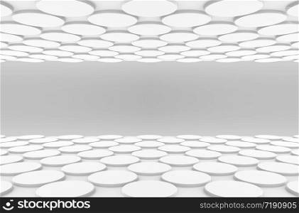 3d rendering. perspective view of white circular button shape pattern design floor with gray wall as background.