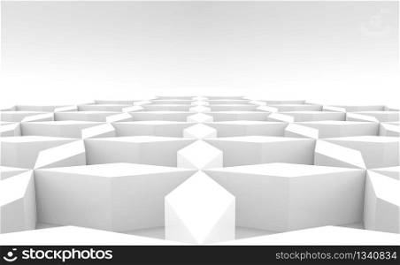 3d rendering. perspective view of white grid object pattern floor design background.
