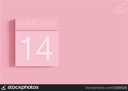 3d rendering. Pink 14 February as Valentine day calendar on gray wall background.