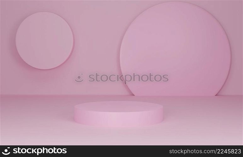 3D rendering. Pink cylinder podium on pastel color background. Abstract minimal scene with geometrical. Platform for product display. Scene to show cosmetic products presentation.