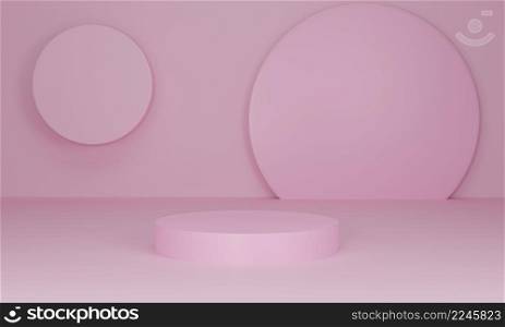 3D rendering. Pink cylinder podium on pastel color background. Abstract minimal scene with geometrical. Platform for product display. Scene to show cosmetic products presentation.