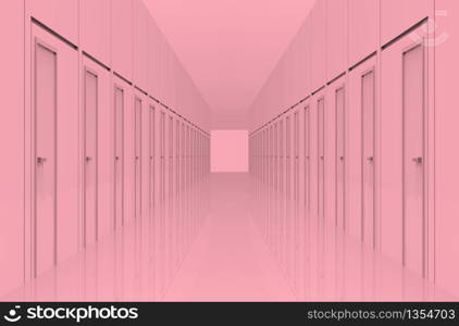 3d rendering. Pink Hallway doors with light and the end of the way. several Selection to the goal or success in business concept.