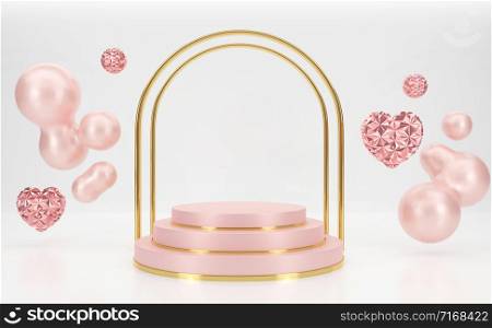 3d rendering Pink podium steps with Gold gate shape and hearts shape floating.