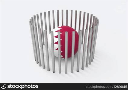 3d rendering. Qatar country flag sphere ball on the floor which surround by steel pipes. Qatar diplomatic crisis concept.