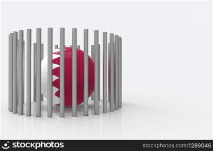 3d rendering. Qatar country flag sphere ball on the floor which surround by steel pipes. Qatar diplomatic crisis concept.