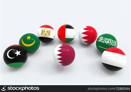 3d rendering. Qatar country flag surround by some middle east country flags sphere balls on gray background.