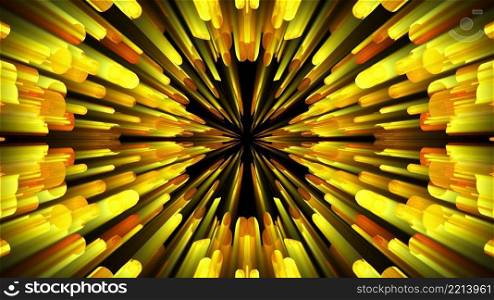 3D rendering radiation from the center of golden flickering particles on a black background, computer generated abstract background 3D rendering radiation from the center of golden flickering particles on a black background, computer generated abstract background. Gold abstract kaleidoscope