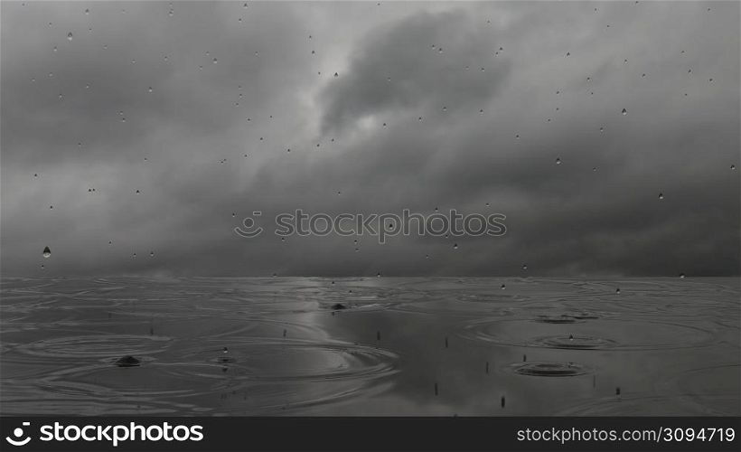3D Rendering. Rain on the lake, gray storm clouds. Rain intensifies on a sea of water with reflections. Overcast weather. 3D Rendering. Rain on the lake, gray storm clouds. Rain intensifies on a sea of water with reflections