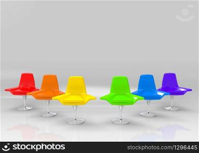 3d rendering. Rainbow color Chairs group with Copy space gray color wall as background. seating for LGBT or all sexual concept