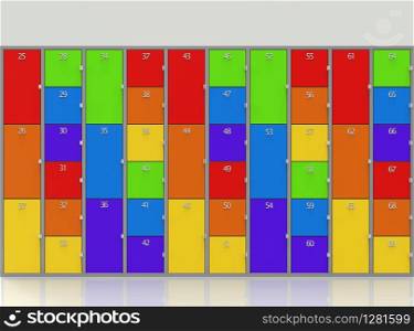 3d rendering. rainbow colorful style lockers wall background.