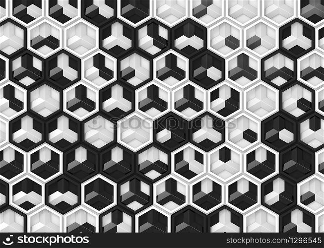 3d rendering. random black and white color modern hexagonal shape pattern wall background.