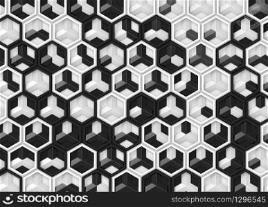 3d rendering. random black and white color modern hexagonal shape pattern wall background.