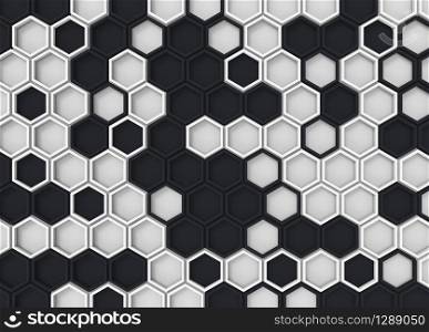 3d rendering. random modern black and white hexagonal pattern wall background.