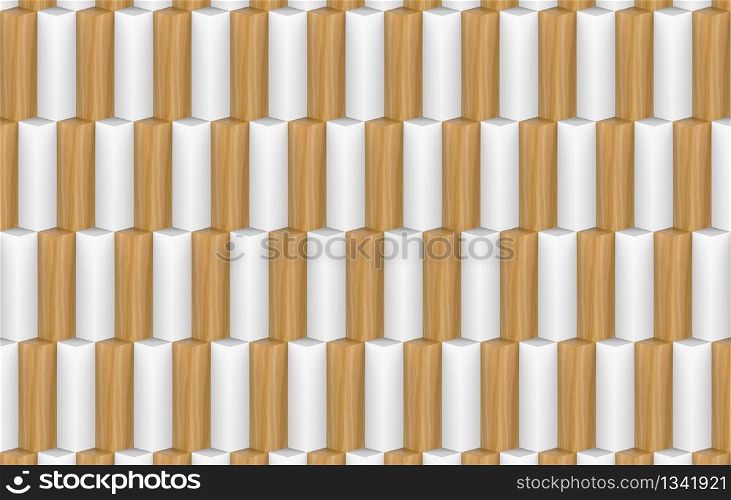 3d rendering. random modern minimal white and brown wood long cube stack wall texture design background.