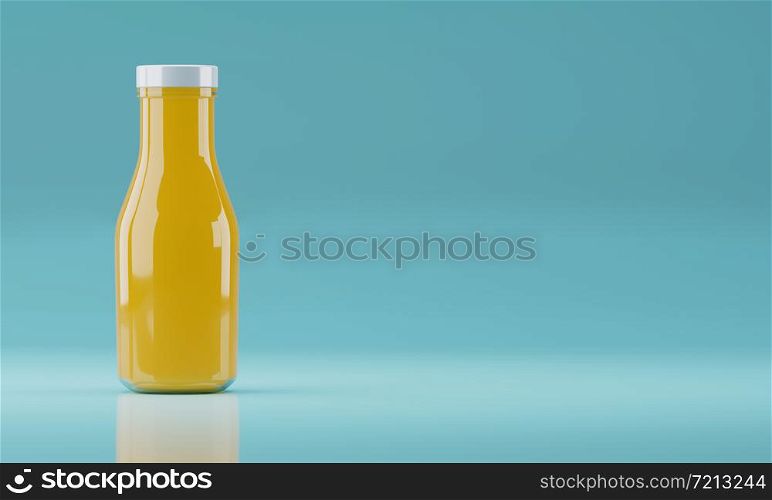3d rendering realistic Glass bottle of Juice and Brand concept stock illustration copy space on emerald blue background.