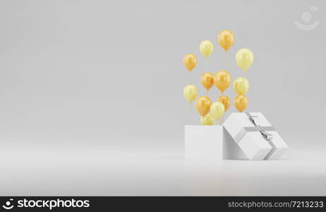 3d rendering realistic Open gift box with balloons copy space stock illustration on white background.