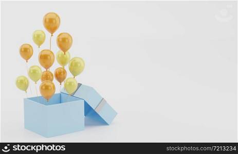 3d rendering realistic Open gift box with balloons copy space stock illustration on white background.