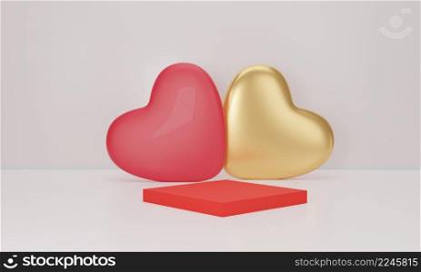 3D rendering. Red and gold heart with podium on white background. Abstract minimal geometric shapes backdrop for valentine day design composition.