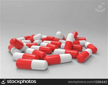 3d rendering. Red and white Medecine capsule pills group with copy space gray background.
