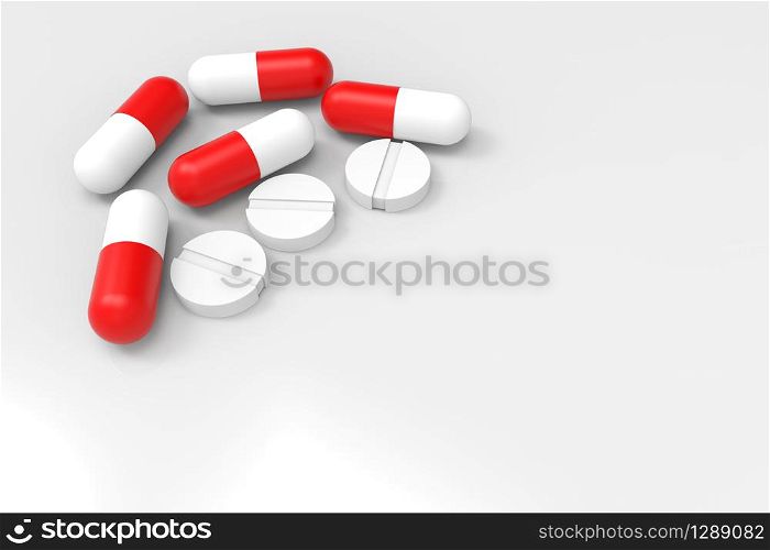 3d rendering. red and white medecine pills on copy space white backgorund.