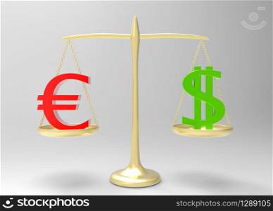 3d rendering. Red Euro equal with Green Dollar currency sign on Gold balance scale.