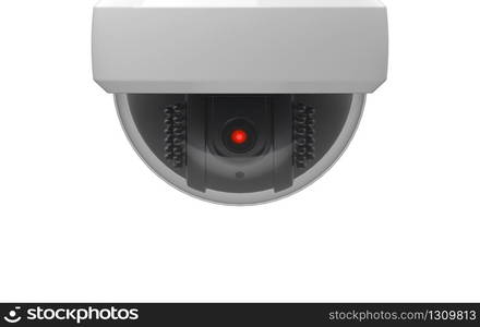 3d rendering. red eye Security sphere dome camera with clipping path isolated on gray background.